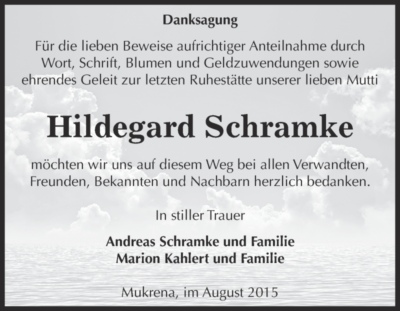  Traueranzeige für Hildegard Schramke vom 22.08.2015 aus Super Sonntag Bernburg