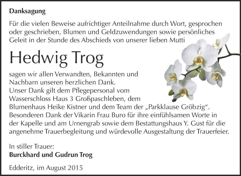  Traueranzeige für Hedwig Trog vom 22.08.2015 aus WVG - Wochenspiegel Dessau / Köthen