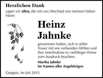 Traueranzeige von Heinz Jahnke von Mitteldeutsche Zeitung Bitterfeld