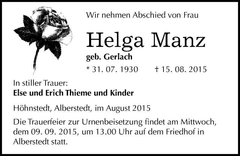  Traueranzeige für Helga Manz vom 29.08.2015 aus Mitteldeutsche Zeitung Merseburg/Querfurt
