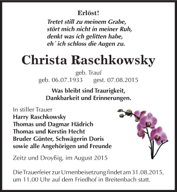 Traueranzeige von Christa Raschkowsky von Mitteldeutsche Zeitung Zeitz