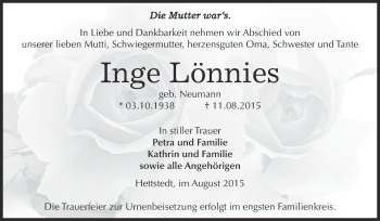 Traueranzeige von Inge Lönnies von Super Sonntag SGH Mansf. Land