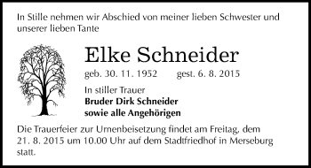 Traueranzeige von Elke Schneider von Mitteldeutsche Zeitung Merseburg/Querfurt