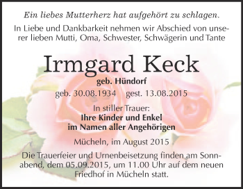Traueranzeige von Irmgard Keck von WVG - Wochenspiegel Merseburg