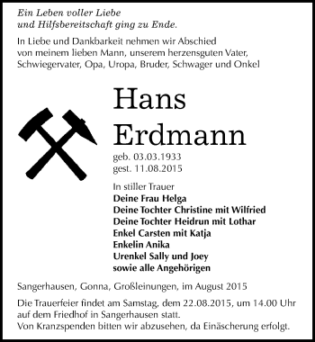 Traueranzeige von Hans Erdmann von Mitteldeutsche Zeitung Sangerhausen