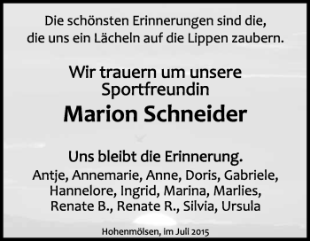 Traueranzeige von Marion Schneider von WVG - Wochenspiegel NMB / WSF / ZTZ