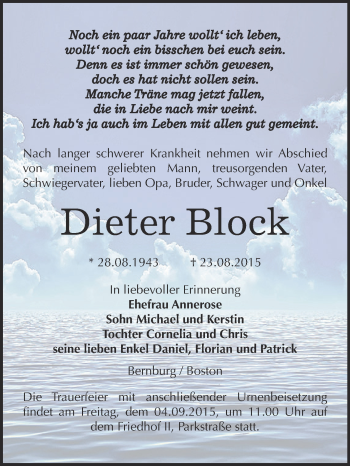 Traueranzeige von Dieter Block von Super Sonntag Bernburg
