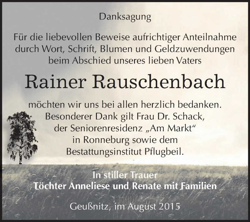  Traueranzeige für Rainer Rauschenbach vom 22.08.2015 aus Super Sonntag Zeitz
