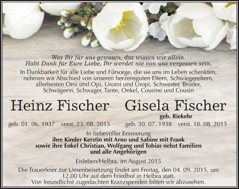  Traueranzeige für Heinz und Gisela Fischer vom 29.08.2015 aus Mitteldeutsche Zeitung Mansfelder Land