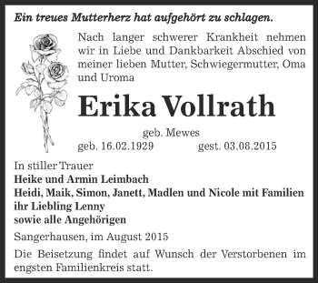 Traueranzeige von Erika Vollrath von Super Sonntag SGH Mansf. Land