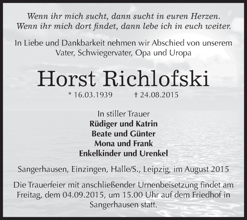  Traueranzeige für Horst Richlofski vom 29.08.2015 aus Super Sonntag SGH Mansf. Land