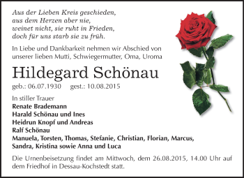 Traueranzeige von Hildegard Schönau von WVG - Wochenspiegel Dessau / Köthen