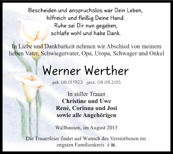 Traueranzeige von Werner Werther von Super Sonntag SGH Mansf. Land