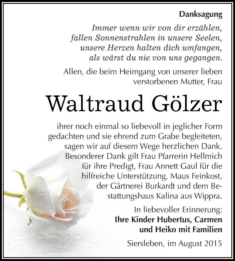  Traueranzeige für Waltraud Gölzer vom 15.08.2015 aus Super Sonntag SGH Mansf. Land