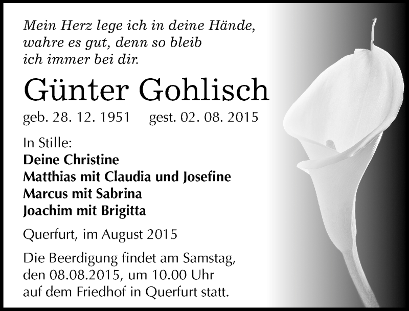  Traueranzeige für Günter Gohlisch vom 04.08.2015 aus Mitteldeutsche Zeitung Merseburg/Querfurt