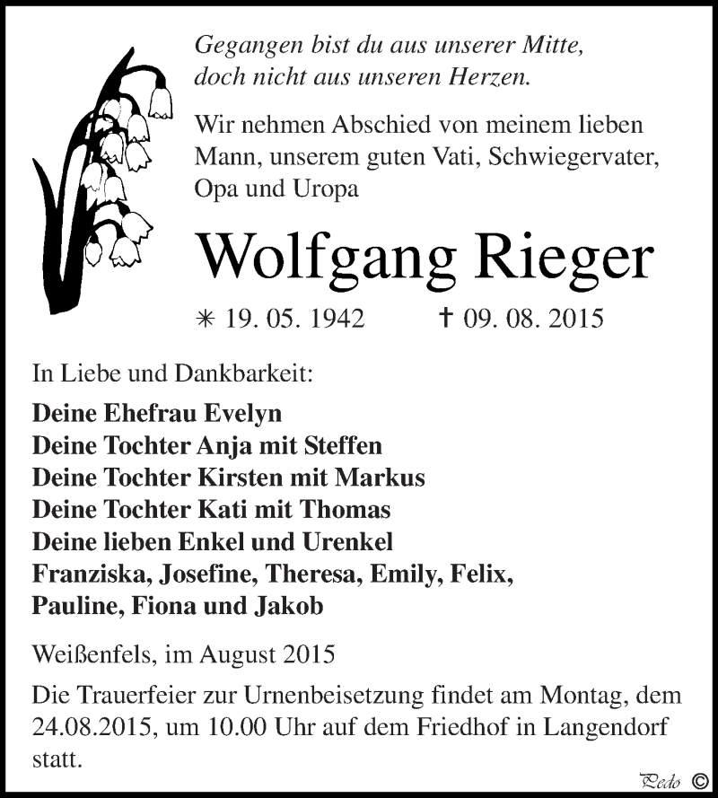  Traueranzeige für Wolfgang Rieger vom 19.08.2015 aus WVG - Wochenspiegel NMB / WSF / ZTZ