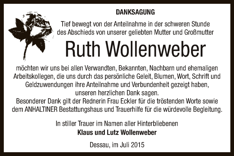  Traueranzeige für Ruth Wollenweber vom 01.08.2015 aus WVG - Wochenspiegel Dessau / Köthen