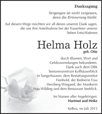 Traueranzeige von Helma Holz von Super Sonntag SGH Mansf. Land