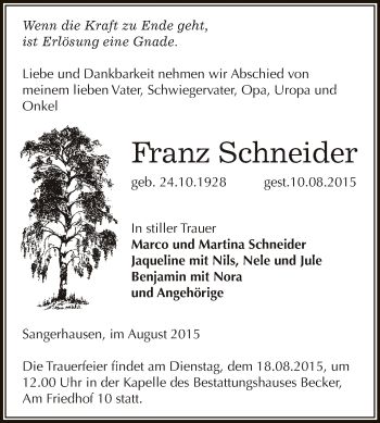 Traueranzeige von Franz Schneider von Super Sonntag SGH Mansf. Land