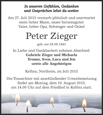Traueranzeige von Peter Zieger von Super Sonntag SGH Mansf. Land