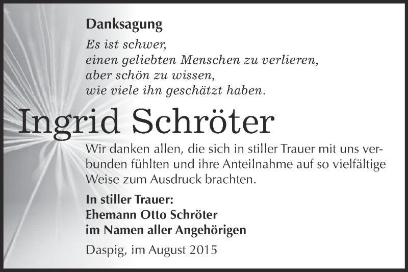  Traueranzeige für Ingrid Schröter vom 22.08.2015 aus Super Sonntag Merseburg