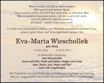 Traueranzeige von Eva-Maria Wieschollek von WVG - Wochenspiegel Dessau / Köthen