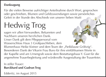 Traueranzeige von Hedwig Trog von WVG - Wochenspiegel Dessau / Köthen