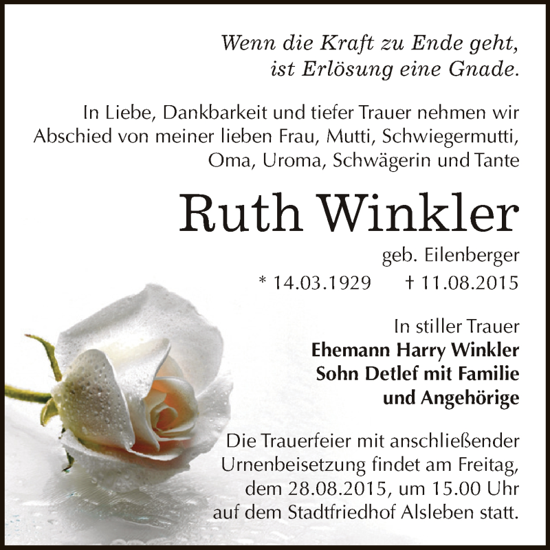  Traueranzeige für Ruth Winkler vom 15.08.2015 aus Super Sonntag Bernburg