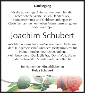 Traueranzeige von Joachim Schubert von Mitteldeutsche Zeitung Aschersleben