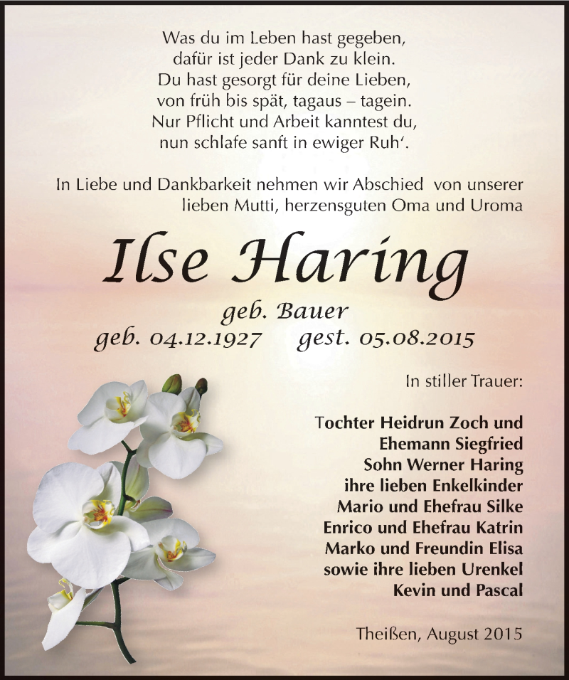 Traueranzeige für Ilse Haring vom 15.08.2015 aus Mitteldeutsche Zeitung Zeitz