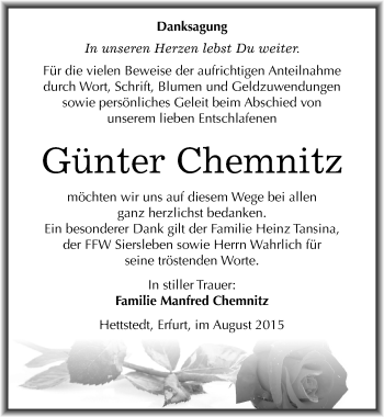 Traueranzeige von Günter Chemnitz von Mitteldeutsche Zeitung Mansfelder Land
