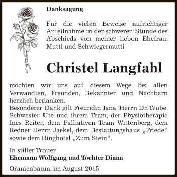 Traueranzeige von Christel Langfahl von WVG - Wochenspiegel Dessau / Köthen