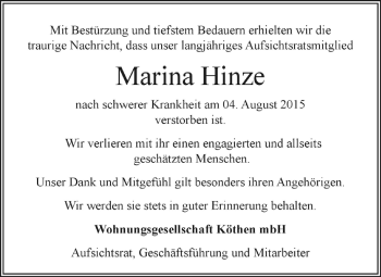 Traueranzeige von Marina Hinze von WVG - Wochenspiegel Dessau / Köthen