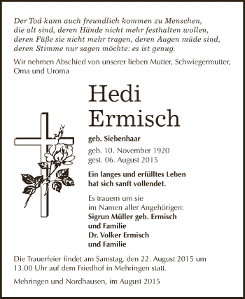 Traueranzeige von Hedi Ermisch von Super Sonntag Aschersleben
