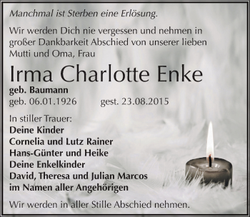 Traueranzeige von Irma Charlotte Enke von Mitteldeutsche Zeitung Zeitz