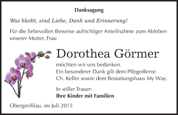 Traueranzeige von Dorothea Görmer von Mitteldeutsche Zeitung Weißenfels