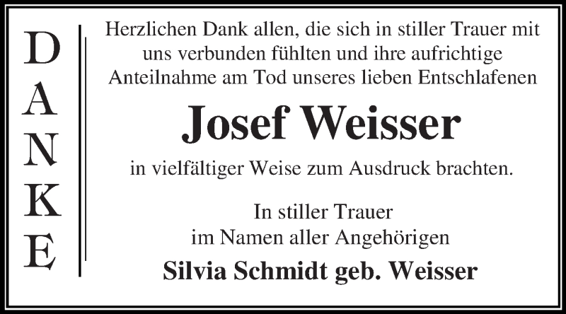  Traueranzeige für Josef Weisser vom 15.08.2015 aus WVG - Wochenspiegel Dessau / Köthen