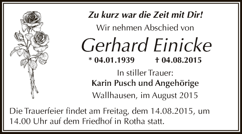  Traueranzeige für Gerhard Einicke vom 12.08.2015 aus WVG - Wochenspiegel SGH