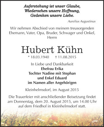 Traueranzeige von Hubert Kühn von Super Sonntag Zeitz