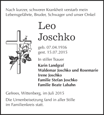 Traueranzeige von Leo Joschko von WVG - Wochenspiegel Wittenberg