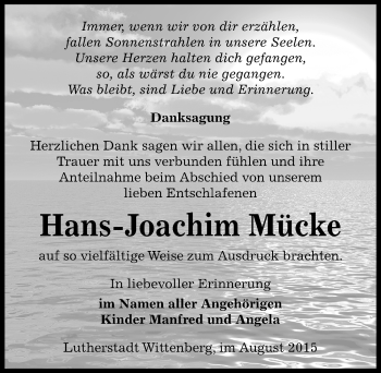 Traueranzeige von Hans-Joachim Mücke von Mitteldeutsche Zeitung Wittenberg