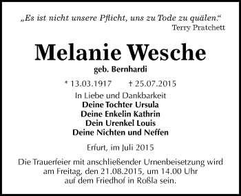 Traueranzeige von Melanie Wesche von Mitteldeutsche Zeitung Sangerhausen