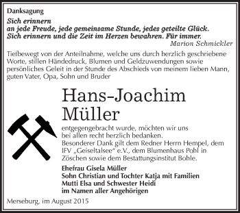 Traueranzeige von Hans-Joachim Müller von WVG - Wochenspiegel Merseburg