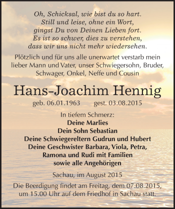 Traueranzeige von Hans-Joachim Hennig von Mitteldeutsche Zeitung Wittenberg