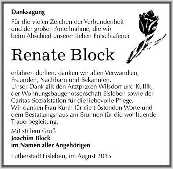 Traueranzeige von Renate Block von Mitteldeutsche Zeitung Mansfelder Land