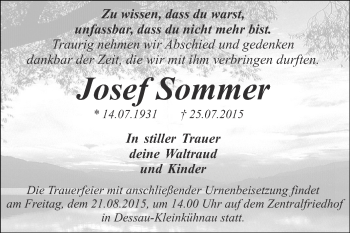 Traueranzeige von Josef Sommer von WVG - Wochenspiegel Dessau / Köthen