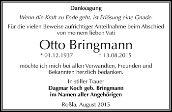 Traueranzeige von Otto Bringmann von Mitteldeutsche Zeitung Sangerhausen