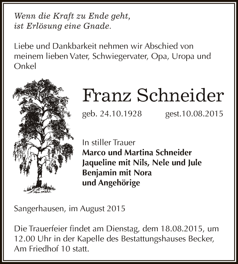  Traueranzeige für Franz Schneider vom 15.08.2015 aus Super Sonntag SGH Mansf. Land