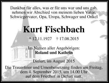 Traueranzeige von Kurt Fischbach von Mitteldeutsche Zeitung Quedlinburg