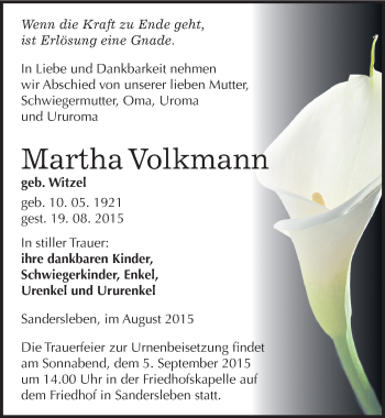 Traueranzeige von Martha Volkmann von Mitteldeutsche Zeitung Mansfelder Land